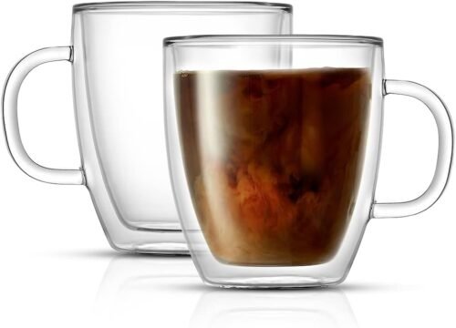 Double Wall Insulated Glass Coffee Mugs, 13.5 oz Clear Coffee Cups with Handles, Set of 2