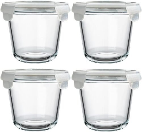 24 oz Glass Food Storage Containers with Airtight Lids, Set of 4 Round 3-Cup Meal Prep and Soup Storage Jars, Microwave, Freezer and Dishwasher Safe