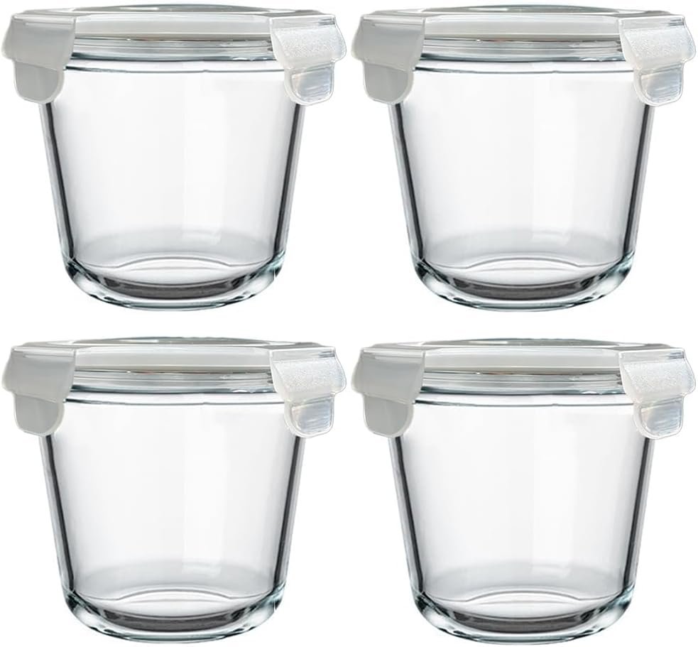 24 oz Glass Food Storage Containers with Airtight Lids, Set of 4 Round 3-Cup Meal Prep and Soup Storage Jars, Microwave, Freezer and Dishwasher Safe
