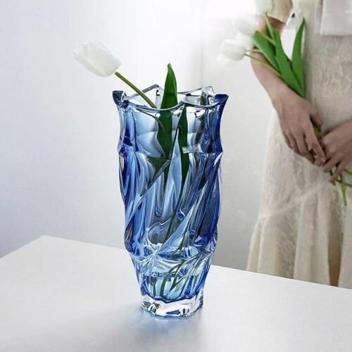 9.1 Inch Blue Crystal Glass Flower Vase, Modern Decorative Centerpiece for Home Interiors, Weddings, Floral Displays and Special Occasions