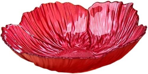 Large Red Flower-Shaped Crystal Glass Fruit Bowl, Round Decorative Serving Dish for Salads, Appetizers, Snacks, Fruit, Parties and Wedding Table Settings
