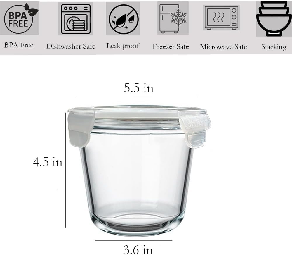 24 oz Glass Food Storage Containers with Airtight Lids, Set of 4 Round 3-Cup Meal Prep and Soup Storage Jars, Microwave, Freezer and Dishwasher Safe - Image 2