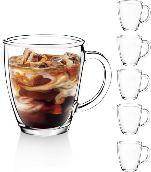 12 oz Premium Clear Glass Coffee Mugs with Handles, Set of 6 for Americano, Cappuccino, Tea and Hot or Cold Beverages