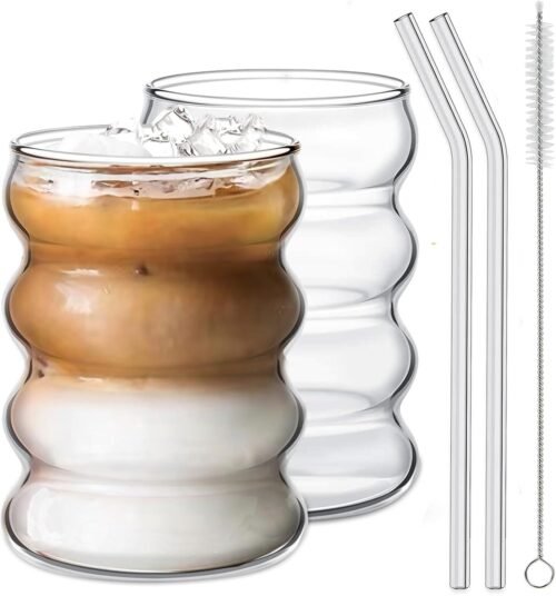 14 oz Clear Drinking Glasses with Glass Straws, Set of 2 Cocktail and Iced Coffee Cups with Cleaning Brushes