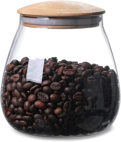 13 oz Clear Round Glass Storage Canister with Airtight Bamboo Lid, 400 ml Decorative Kitchen Container for Coffee, Spices, Candy, Salt, Cookies, Condiments, Pepper and Sugar