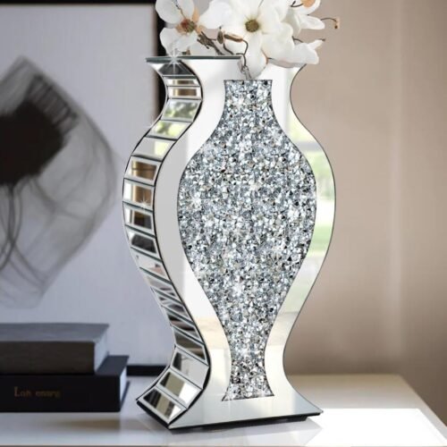 15 Inch S-Curve Mirrored Glass Vase with Silver Crushed Diamond Finish, Sparkling Decorative Centerpiece for Weddings, Parties and Home Interiors