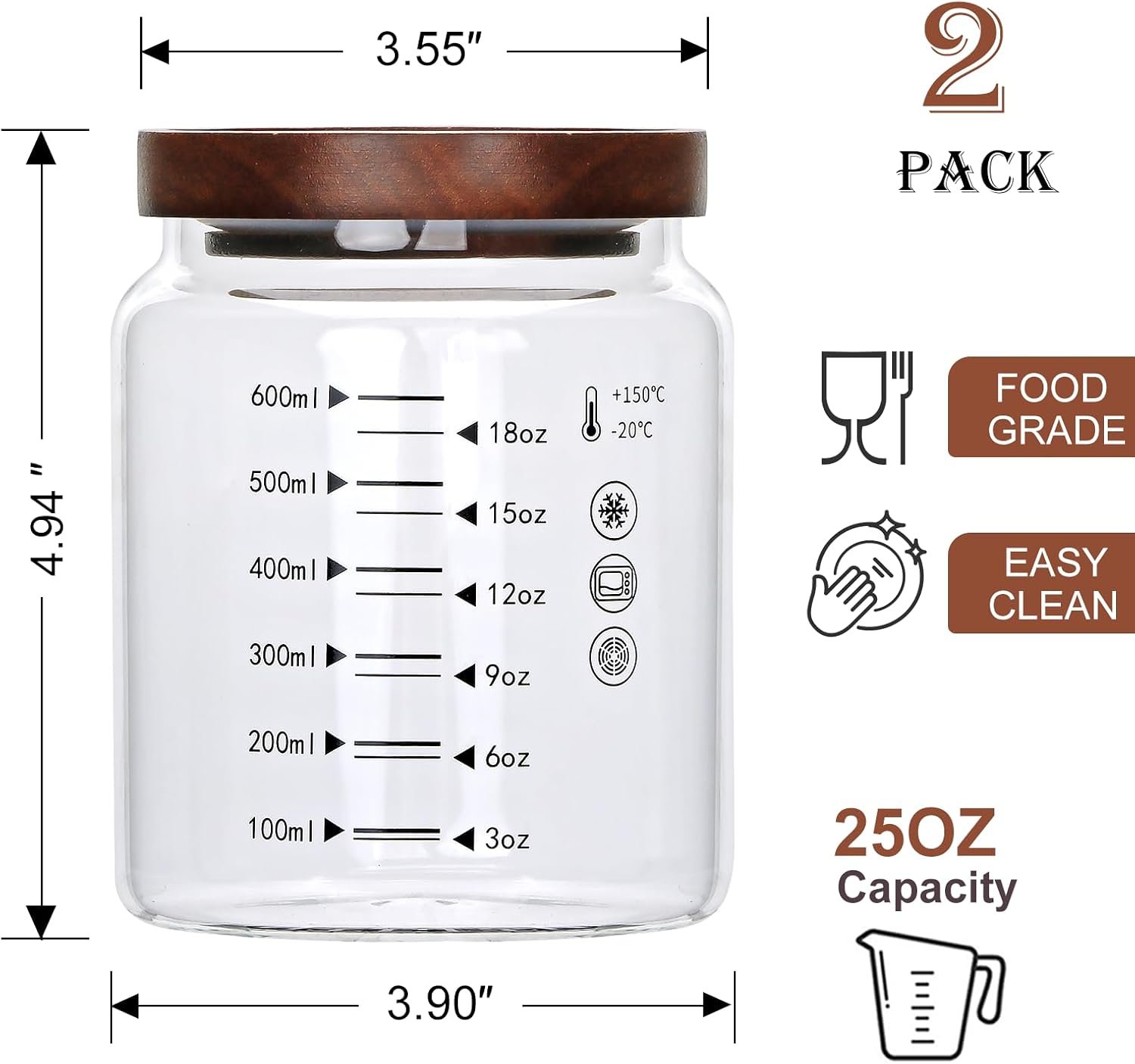 25 oz Airtight Glass Storage Containers with Wooden Lids and Spoons, Set of 2 Kitchen Jars for Tea, Spices, Flour, Coffee Beans, Pasta and Pantry Storage - Image 2
