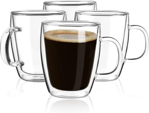 16 oz Double Wall Glass Coffee Mugs with Handles, Set of 4 Insulated Heat-Resistant Cups for Cappuccino, Tea, Latte and Other Drinks