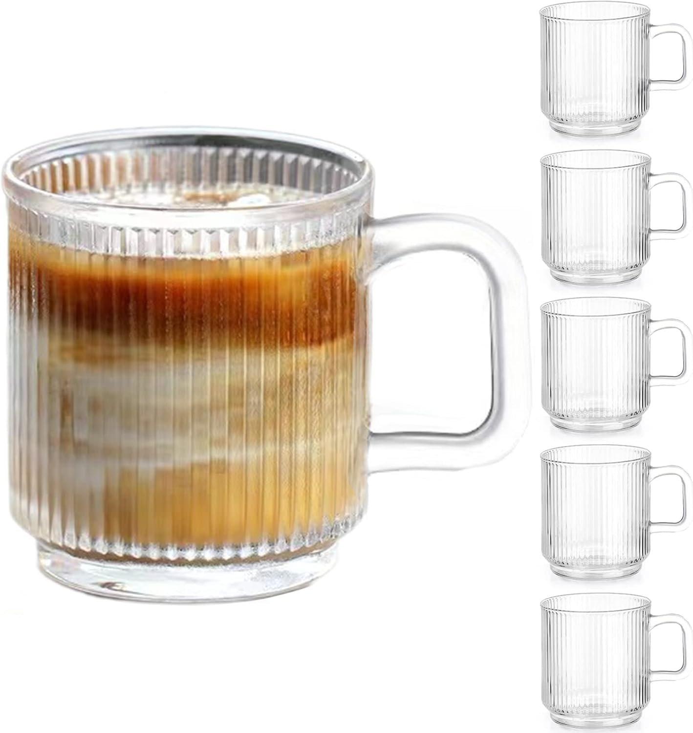 6-Piece 12 oz Glass Coffee Mug Set with Handles, Classic Vertical Stripe Cups for Coffee, Tea and Hot or Cold Beverages