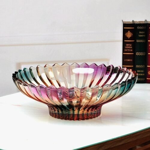 12 Inch Round Colorful Crystal Glass Fruit Bowl, Decorative Kitchen Serving Dish for Fruit, Candy, Snacks and Table Centerpieces