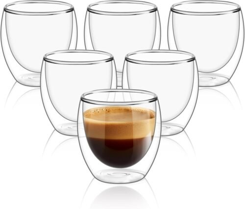 8 oz Double Wall Insulated Glass Coffee Mugs, Set of 6 Thermal Cups for Latte, Cappuccino, Cocoa, Milk, Tea and Espresso
