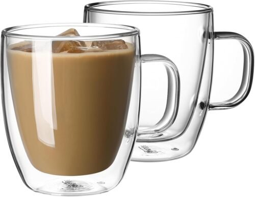 12.5 oz Double Wall Clear Glass Coffee Mugs, Insulated Cups with Handles, Set of 2 for Espresso, Cappuccino, Latte, Americano and Tea
