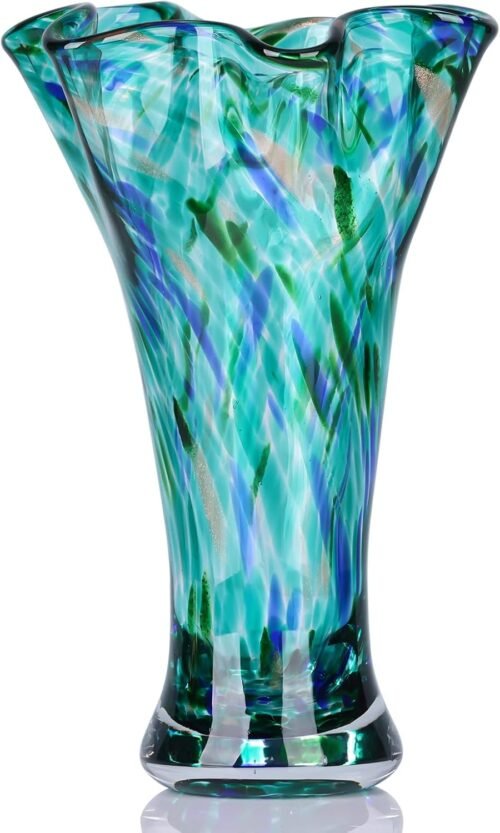 9 Inch Teal Hand Blown Glass Flower Vase, Distinctive Decorative Vase for Modern Floral Arrangements, Tables and Home Centerpieces