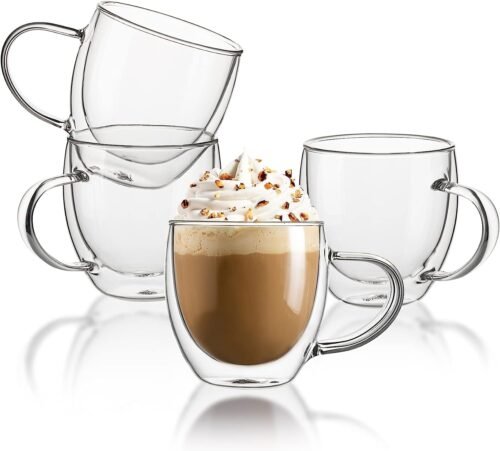 8 oz Double Wall Clear Glass Coffee Mugs, Set of 4 Insulated Cups for Espresso, Latte and Cappuccino