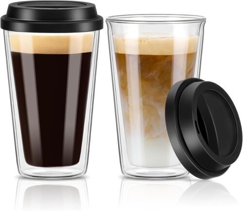 12 oz Double Wall Glass Coffee Mugs with Silicone Lids, Set of 2 Insulated Heat-Resistant Cups for Coffee, Tea, Latte and Iced Beverages