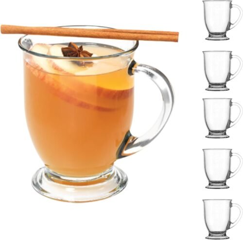 16 oz Clear Glass Coffee Mugs with Handles, Large Coffee Cup Set of 6 for Tea, Latte, Cappuccino and Other Beverages
