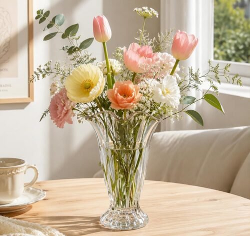 Large Ruffled Glass Pedestal Vase, Clear Footed Flower Holder with Flared Edge and Decorative Bouquet Shape for Dining Tables and Centerpieces