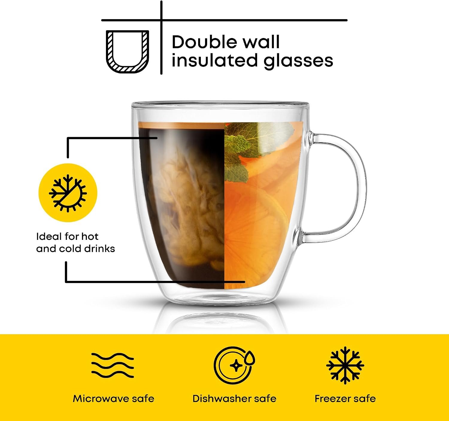 Double Wall Insulated Glass Coffee Mugs, 13.5 oz Clear Coffee Cups with Handles, Set of 2 - Image 2