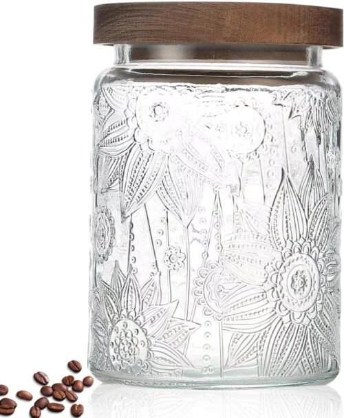 24 oz Airtight Glass Storage Jar with Bamboo Lid, Vintage-Style Kitchen Canister for Sugar, Flour, Coffee, Tea, Candy, Oats and Cereal