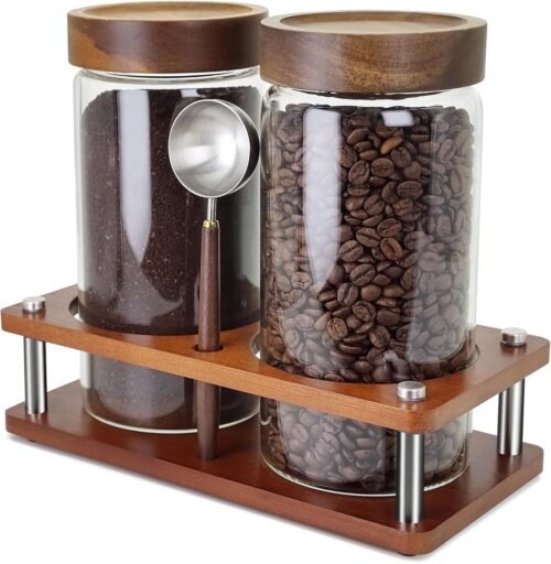 Set of 2 45 oz Glass Coffee Storage Canisters with Airtight Threaded Lids and Stainless Steel Spoons, Containers for Coffee Beans, Sugar and Nuts