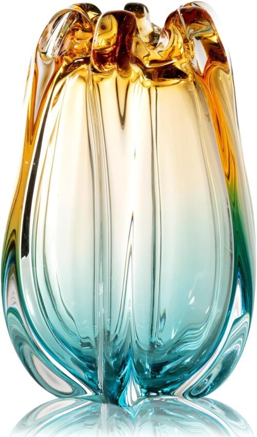 Hand Blown Wide-Mouth Glass Flower Vase, Modern Artistic Decorative Holder for Home, Office, Bookshelves, Tables, Weddings and Centerpieces