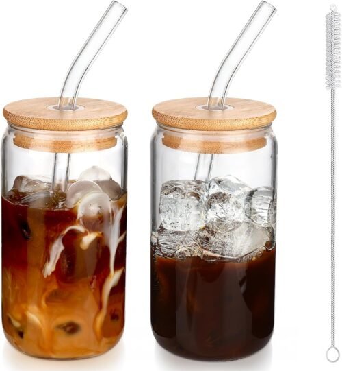 16 oz Iced Coffee Glass Cups with Lids and Straws, Set of 2 Reusable Drinking Tumblers for Coffee, Juice and Cold Drinks