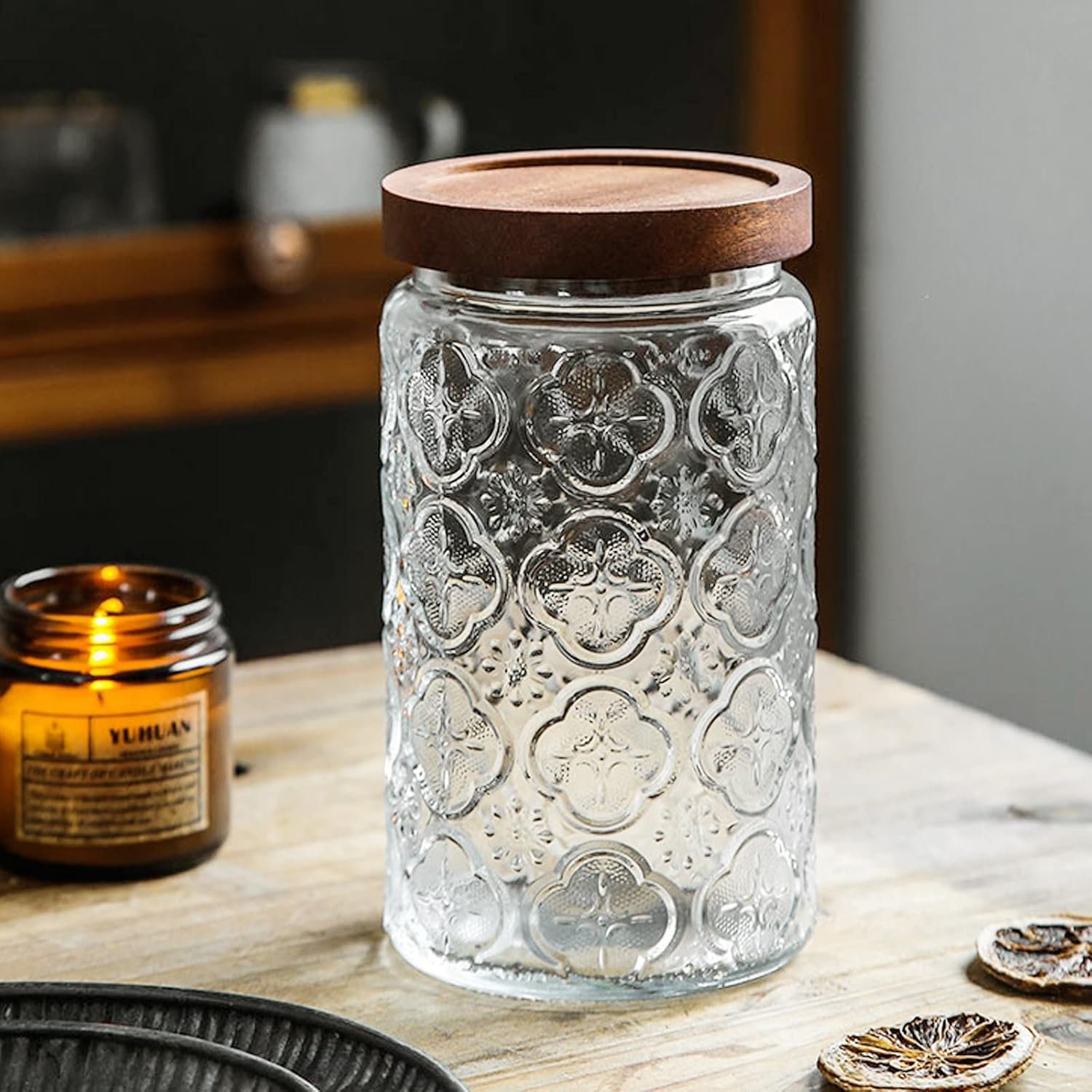 35 oz / 1000 ml Glass Food Storage Jars with Natural Wood Lids, Set of 2 Large Airtight Kitchen Canisters for Cookies, Pasta, Sugar, Flour and Cereal - Image 2