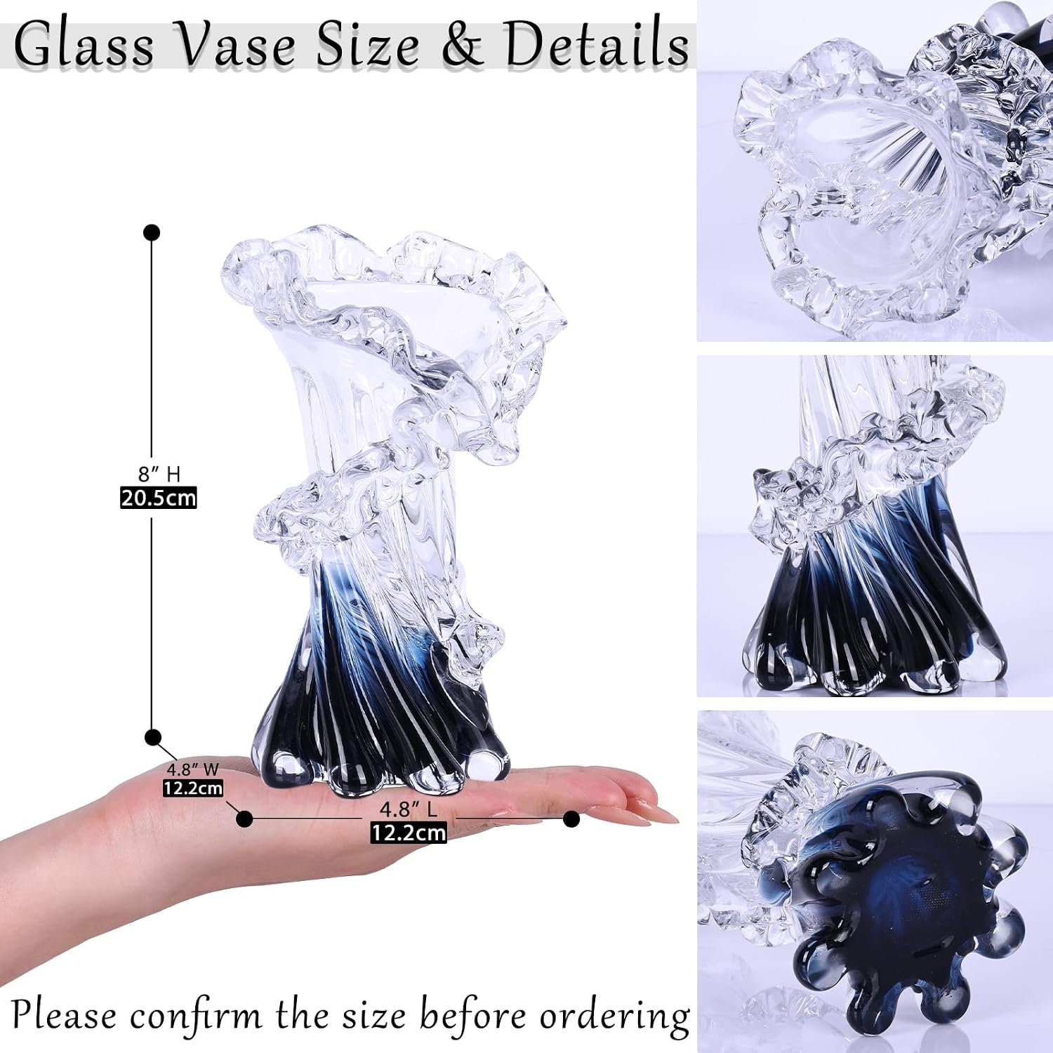 8 Inch Hand Blown Blue Glass Vase with Ocean-Inspired Look, Decorative Flower Holder for Living Room, Office, Coffee Table and Coastal-Themed Decor - Image 2