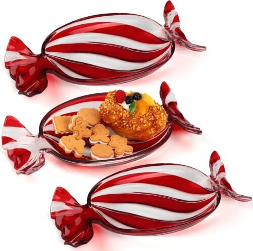 3-Piece Crystal Glass Holiday Serving Dish Set, Decorative Candy Trays and Fruit Plates for Desserts, Snacks, Dinner Tables and Seasonal Gatherings