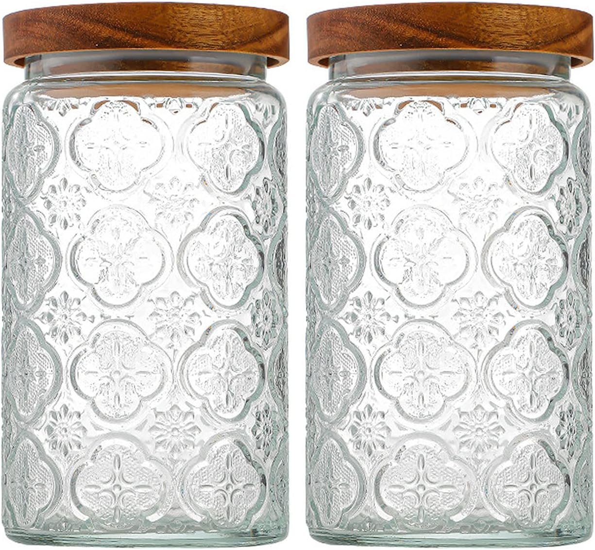35 oz / 1000 ml Glass Food Storage Jars with Natural Wood Lids, Set of 2 Large Airtight Kitchen Canisters for Cookies, Pasta, Sugar, Flour and Cereal