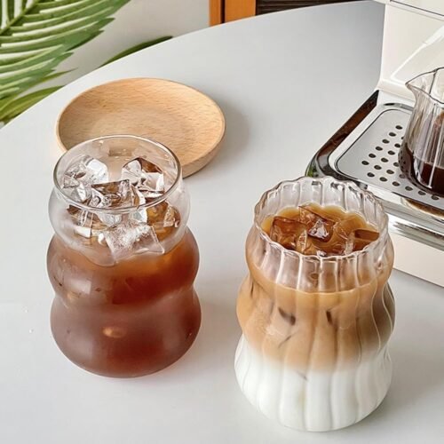 18 oz Ribbed Glass Drinking Cups, Set of 2 Vintage Wave-Pattern Tumblers for Iced Coffee, Juice, Milk, Cocktails and Other Drinks