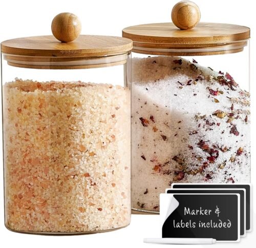 Set of 2 Large 68 oz Glass Storage Canisters with Airtight Bamboo Lids, Includes Marker and Labels, Ideal for Flour, Pasta, Candy, Coffee and Pantry Storage