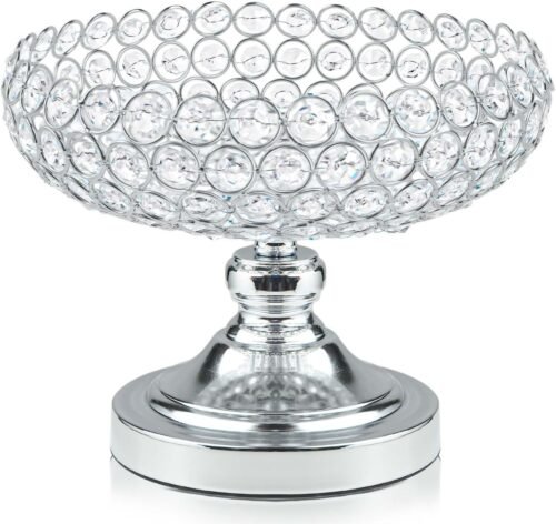 Hollow-Carved Crystal Glass Fruit Bowl with Silver Finish, Decorative Centerpiece Dish with Beaded Details and Stable Pedestal for Kitchen, Dining Tables and Weddings
