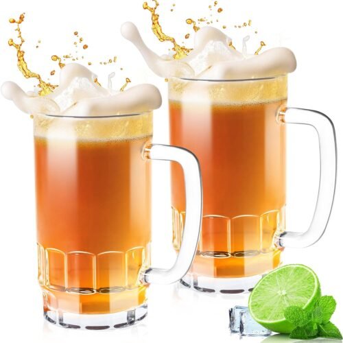 20 oz Large Clear Beer Stein Mugs with Handles, Tall Drinking Glasses, Set of 2 for Home Bars and Gatherings