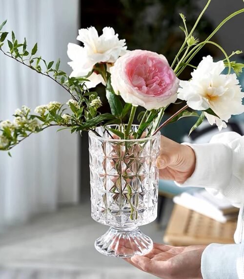 7 Inch Embossed Crystal Glass Vase with Wide Pedestal Base, Clear Decorative Flower Holder for Hydroponic Plants, Weddings, Offices and Dining Tables