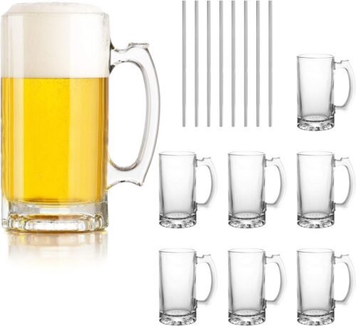 16 oz Large Glass Beer Mugs with Handles, Set of 8 Freezer-Friendly Drinking Cups for Beer, Water and Other Beverages