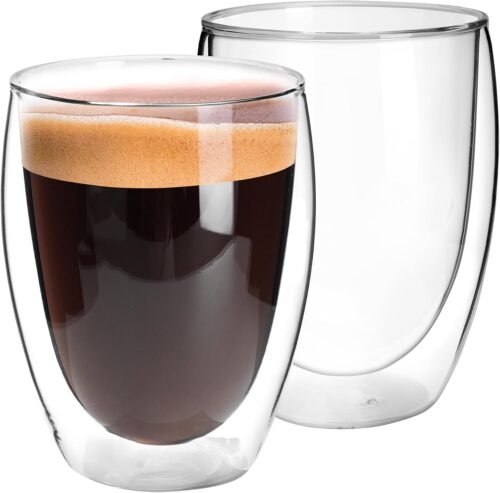 11 oz Double Wall Insulated Glass Coffee Mugs, Set of 2 Clear Cups for Coffee, Tea, Latte, Milk and Juice