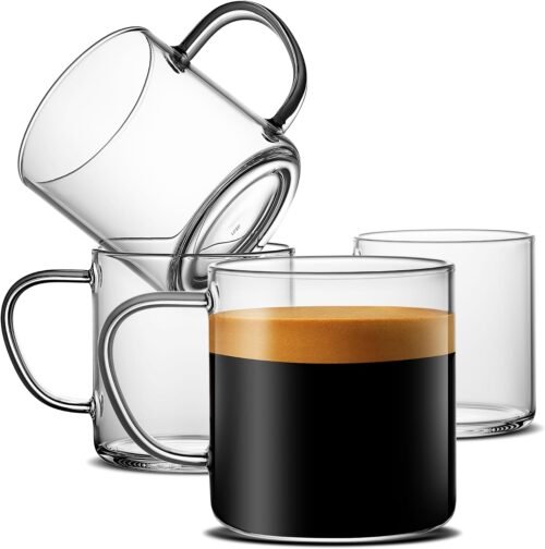 14 oz Clear Hand-Blown Glass Coffee Mugs, Set of 4 with Seamless Construction and Comfortable Anti-Scald Handles for Home or Cafe