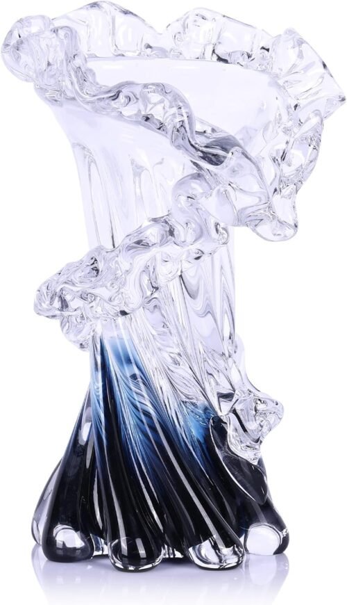8 Inch Hand Blown Blue Glass Vase with Ocean-Inspired Look, Decorative Flower Holder for Living Room, Office, Coffee Table and Coastal-Themed Decor
