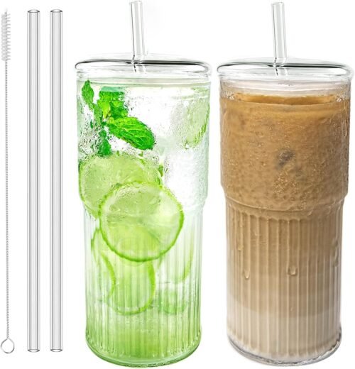 20 oz Borosilicate Glass Tumblers with Lids and Glass Straws, Set of 2 for Coffee, Tea, Juice, Smoothies and Hot or Cold Drinks