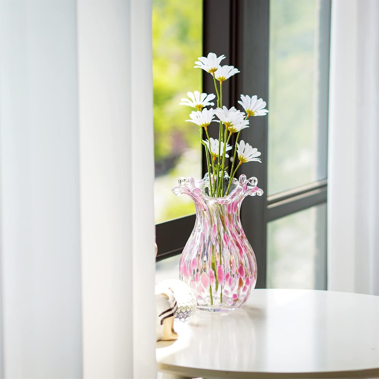 Hand Blown Artistic Glass Flower Vase with Pink Petal Accents, Contemporary Decorative Vase for Tables, Shelves and Home Interiors - Image 2