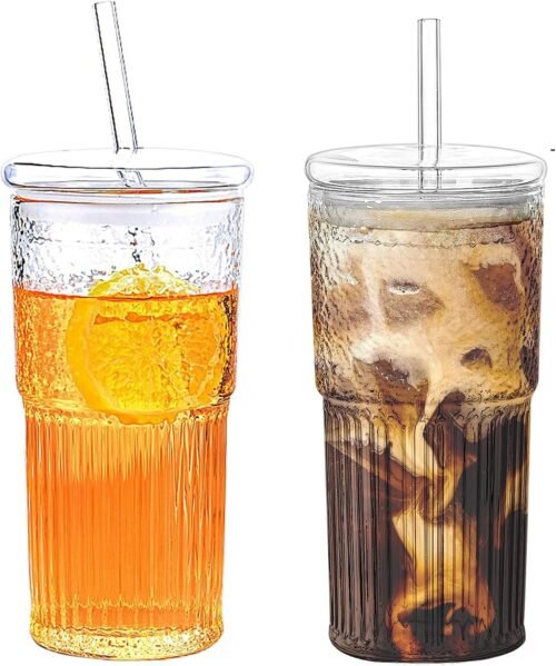 20 oz Borosilicate Glass Tumblers with Lids and Glass Straws, Set of 2 for Iced Coffee, Beer, Cocktails, Tea and Latte