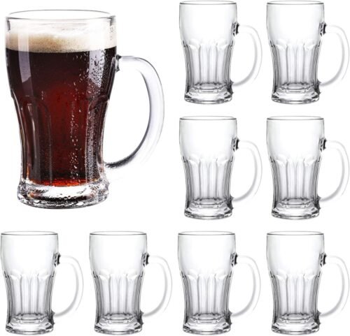 18 oz Glass Beer Mugs with Handles, Set of 8 Large Drinking Cups for Beer, Water and Everyday Bar Service