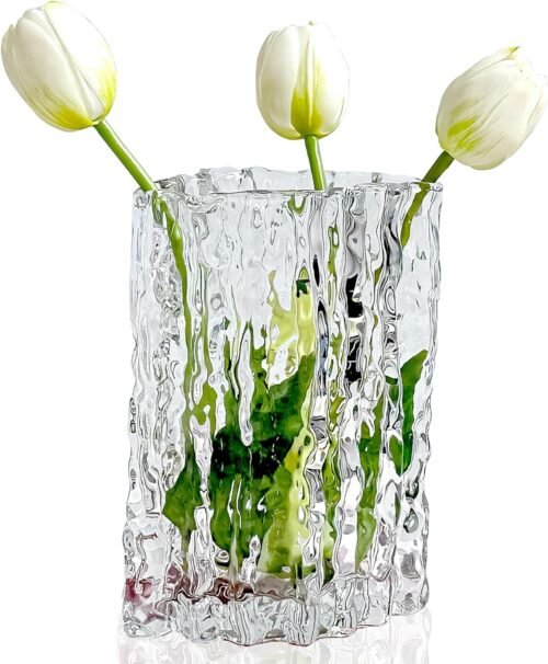 Large Heavy-Duty Clear Crystal Glass Flower Vase, Sturdy Decorative Centerpiece for Dining Tables, Kitchens, Offices, Shelves and Living Rooms