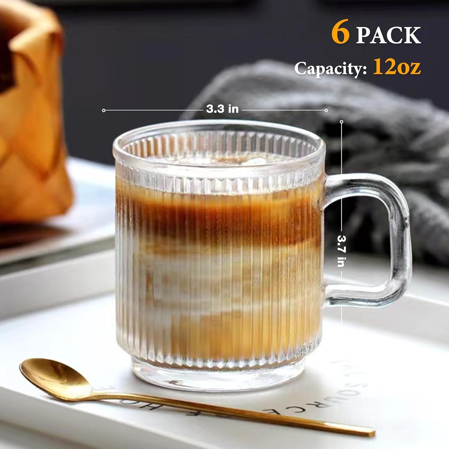 6-Piece 12 oz Glass Coffee Mug Set with Handles, Classic Vertical Stripe Cups for Coffee, Tea and Hot or Cold Beverages - Image 2