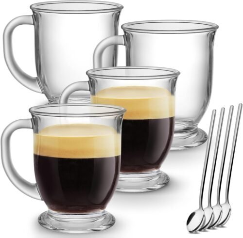 15 oz Clear Glass Coffee Mugs with Handles, Set of 4 Large Cups for Tea, Cappuccino, Latte, Espresso, Juice and Hot Beverages
