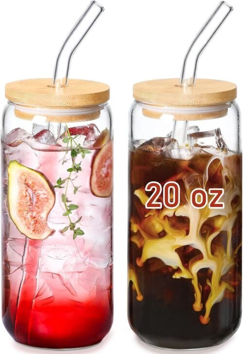 20 oz Beer-Shaped Glass Tumblers with Bamboo Lids and Glass Straws, Set of 2 for Iced Coffee, Beer, Tea and Other Beverages