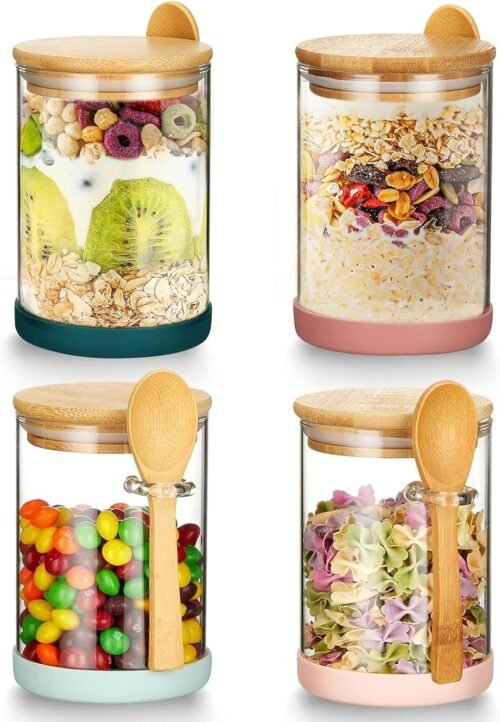 17 oz Borosilicate Glass Storage Jars with Bamboo Lids and Spoons, Set of 4 Airtight Containers for Cookies, Candy, Coffee, Sugar, Matcha, Tea and Flour