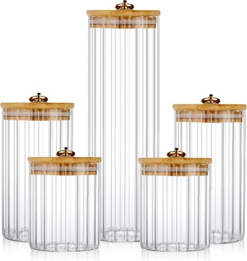 Set of 5 Glass Storage Jars with Airtight Bamboo Lids and Metal Rings, Decorative Containers for Coffee, Candy, Cookies, Pasta, Nuts, Oatmeal and Bathroom Storage
