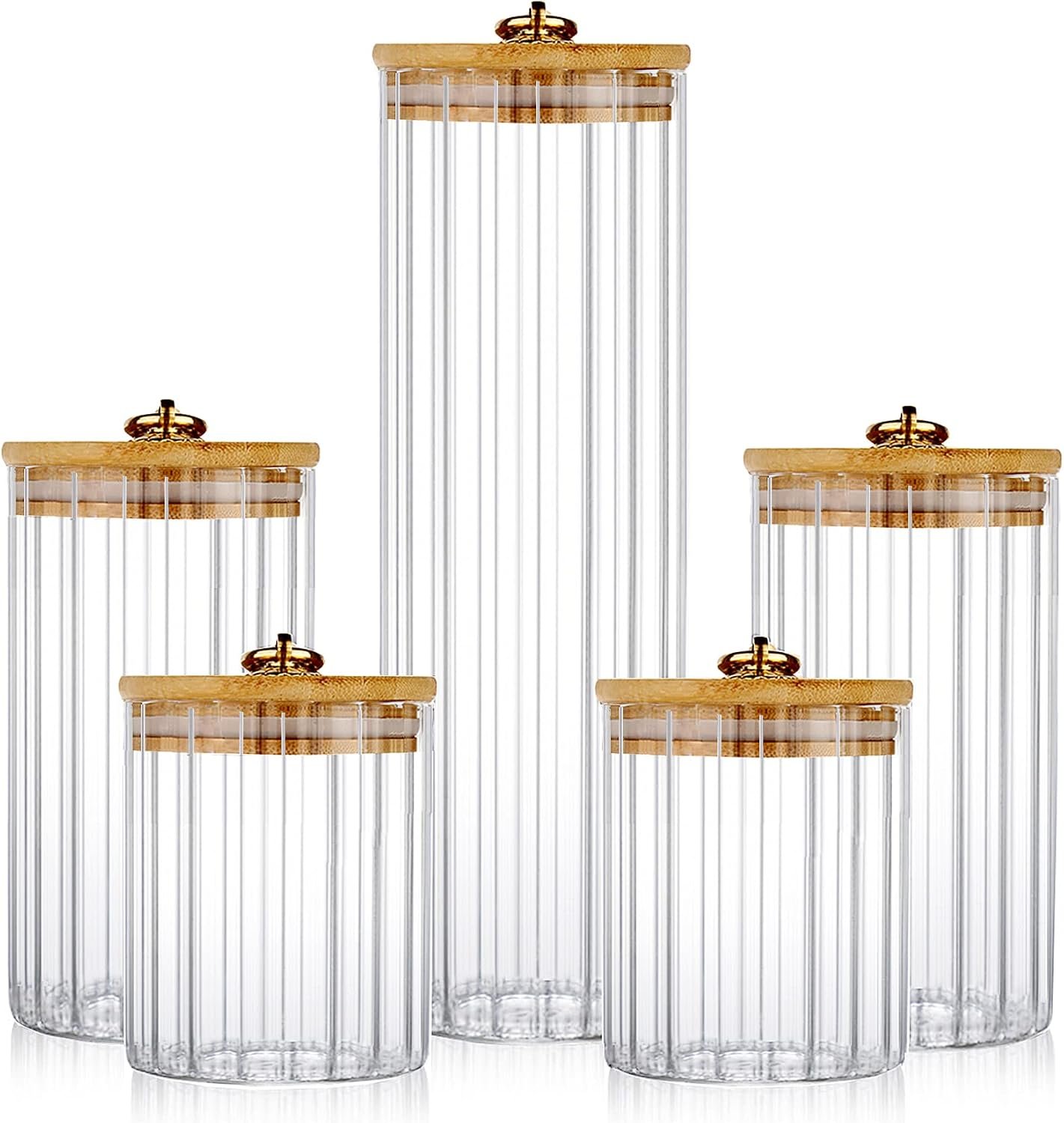 Set of 5 Glass Storage Jars with Airtight Bamboo Lids and Metal Rings, Decorative Containers for Coffee, Candy, Cookies, Pasta, Nuts, Oatmeal and Bathroom Storage